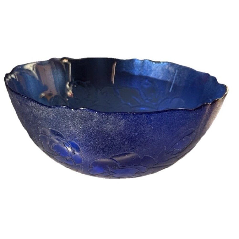 Arcoroc France Blue Glass Floral Scalloped Serving Salad Bowl Cobalt - Picture 2 of 14